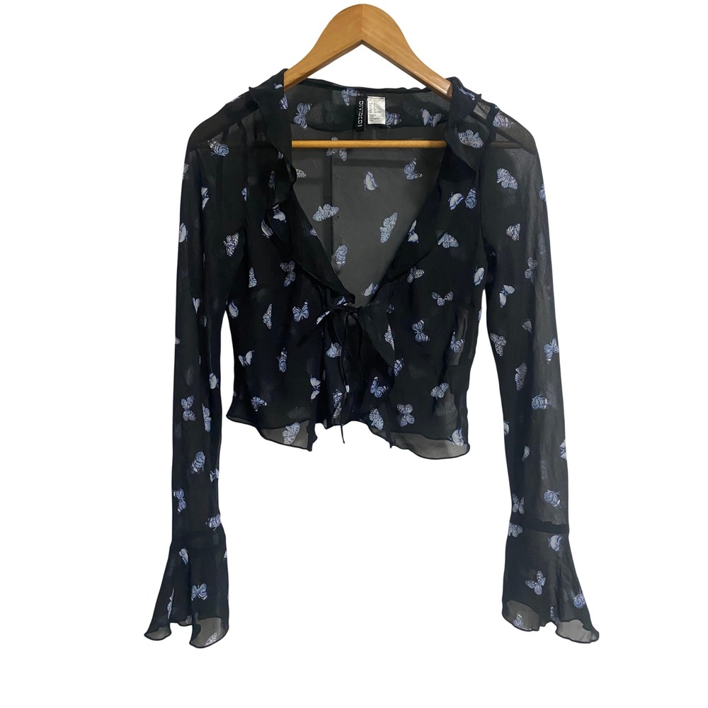 H&M Divided Butterfly Crop Top Small Y2K Tie Front Bell Sleeve Whimsigoth Fairy